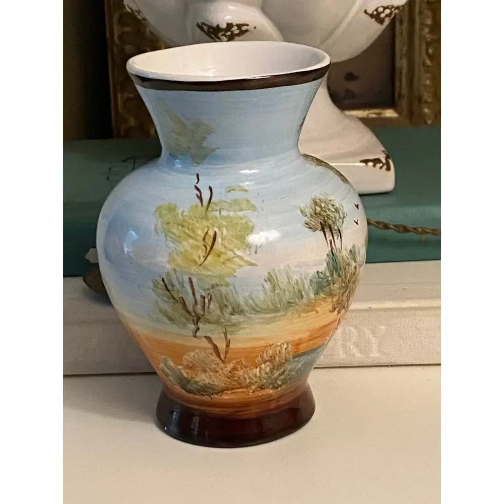 Vintage handpainted Spanish vase Cottage scene 20th Century